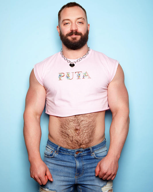 Floral style puta embroidery on pink - mens sleeveless crop top.