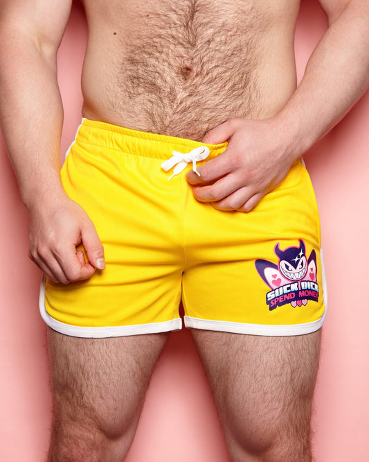 Suck dick spend money,  yellow/white -  short shorts