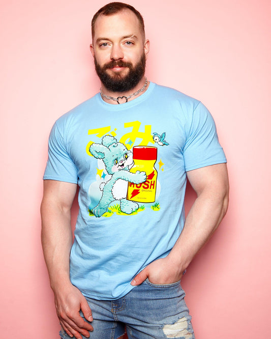 This little bunny loves his poppers on light blue - tee