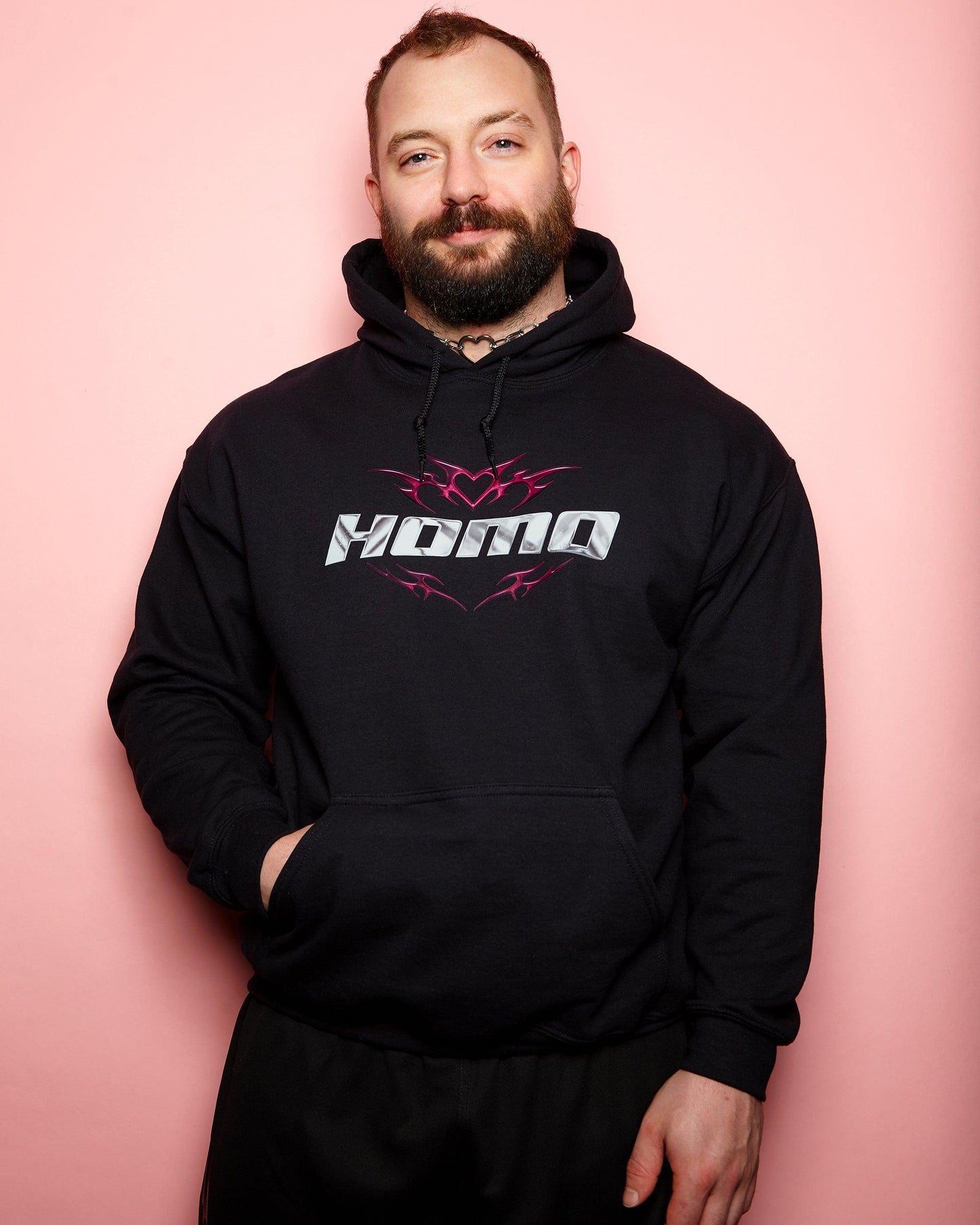 Chrome Y2K: HOMO, silver and pink on black - pullover hoodie. - HOMOLONDON