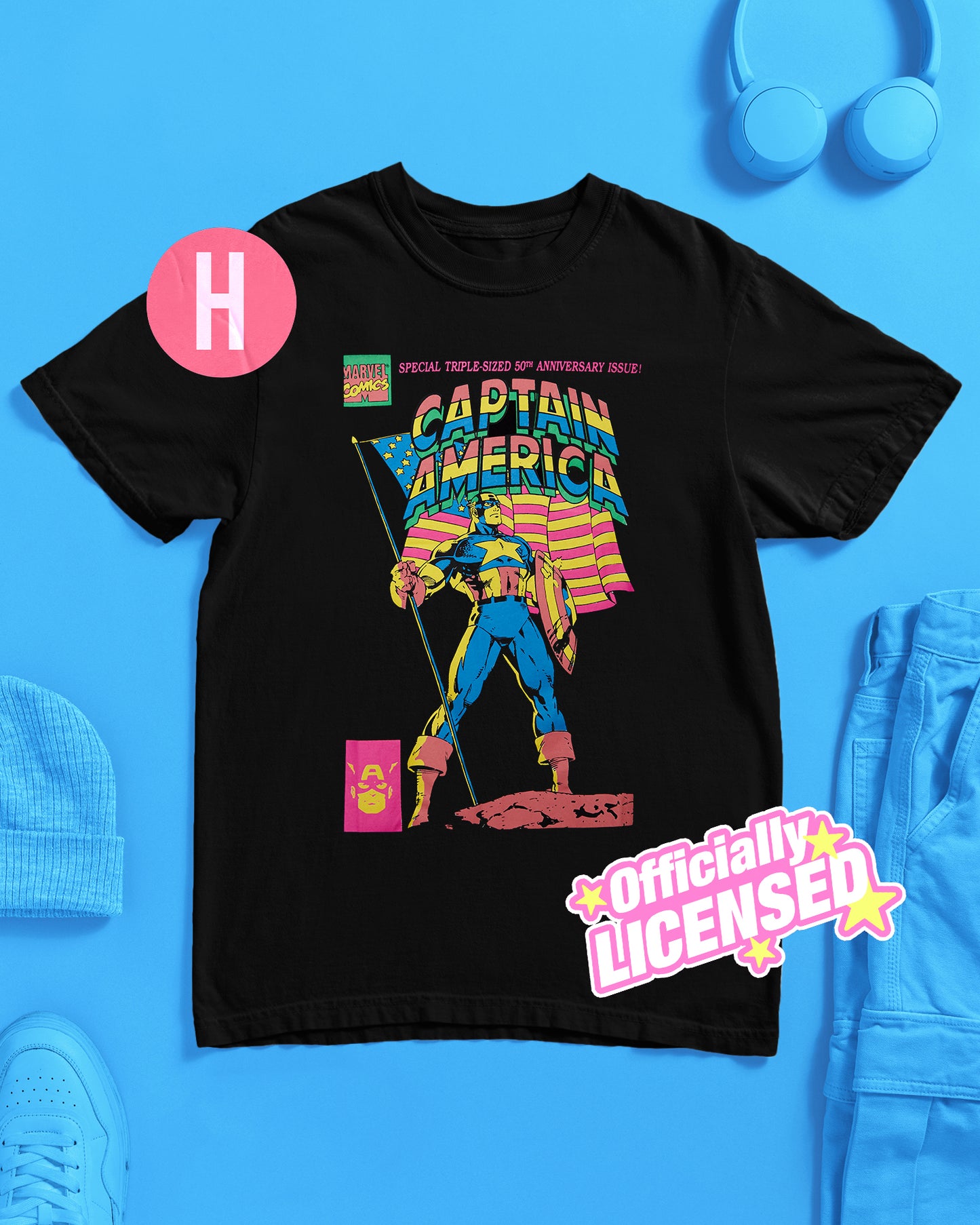 Official Marvel Comics, Captain America 50Th Anniversary, Unisex T-Shirt - black