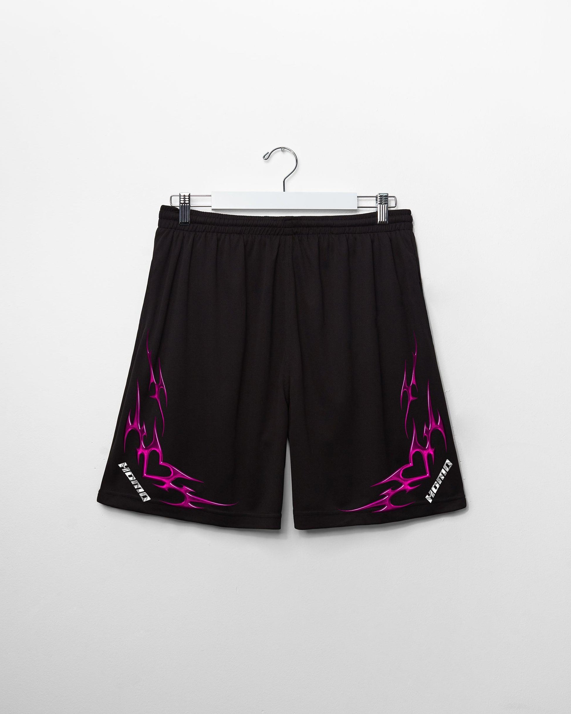 Chrome Y2K: HOMO, silver and pink on black - basket ball shorts - HOMOLONDON