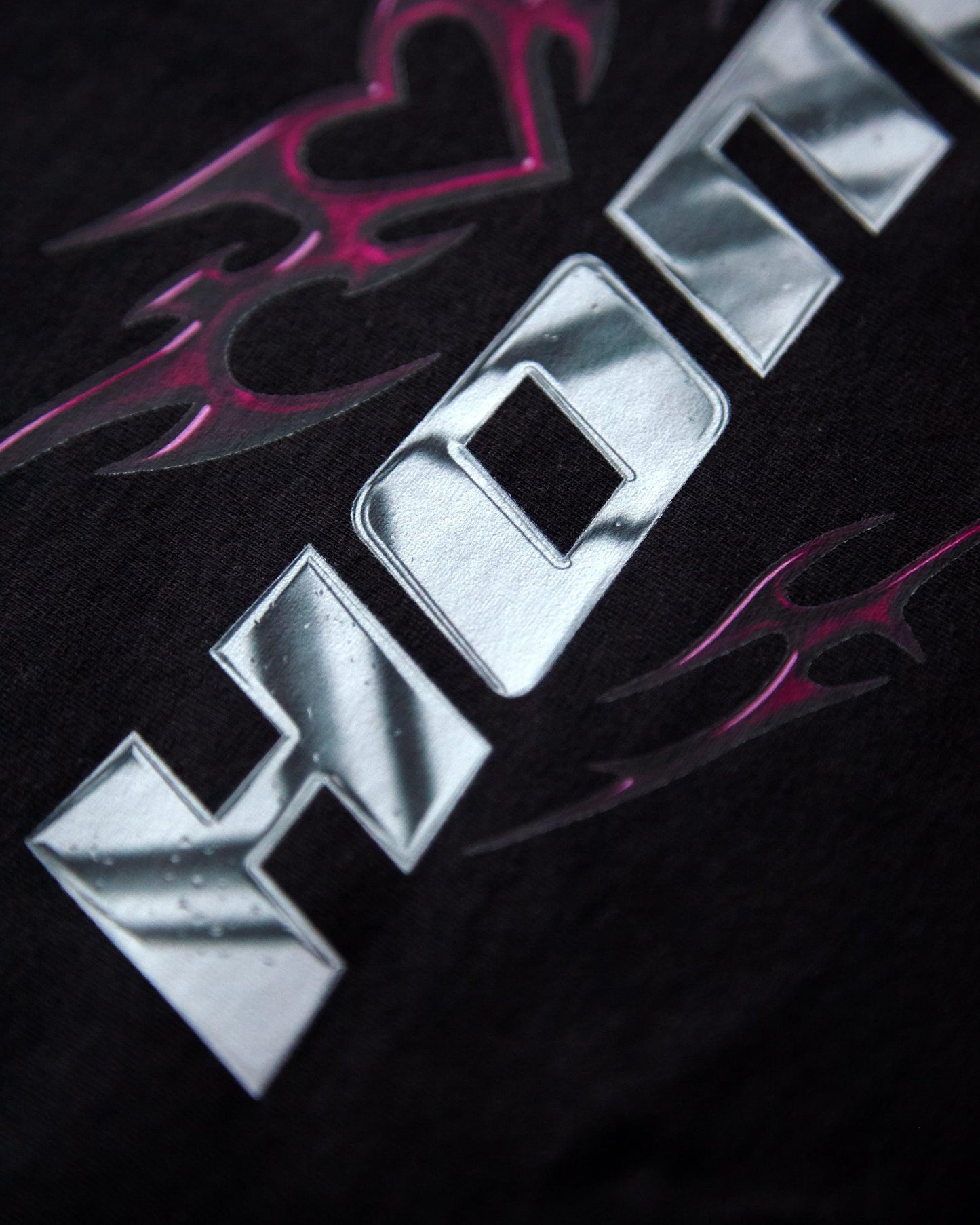 Chrome Y2K: HOMO, silver and pink on black - tee - HOMOLONDON