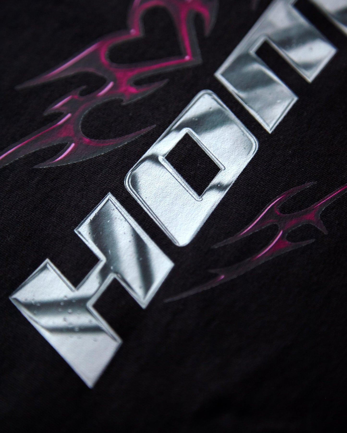 Chrome Y2K: HOMO, silver and pink on black - pullover hoodie.