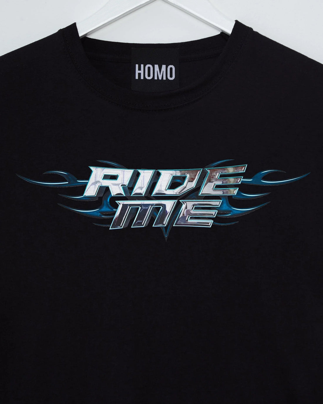 Chrome Y2K: RIDE ME, silver on black - tee - HOMOLONDON