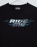 Chrome Y2K: RIDE ME, silver on black - tee - HOMOLONDON