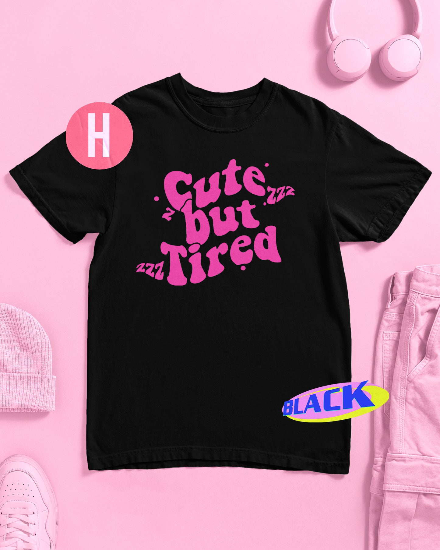 Cute but psycho slogan, pink flock on black - tee