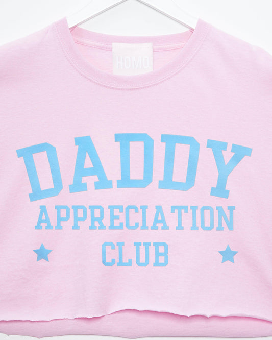 Daddy appreciation club, light blue flock on pink - mens crop top. - HOMOLONDON