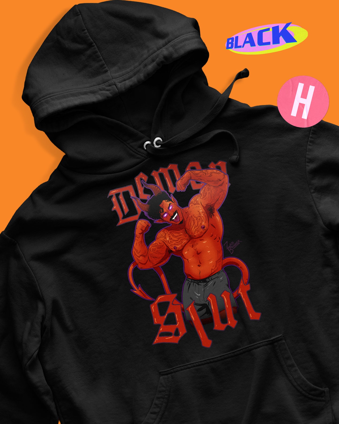 Demon s/ut, flexing tattooed demon hunk soft style hoodie - black