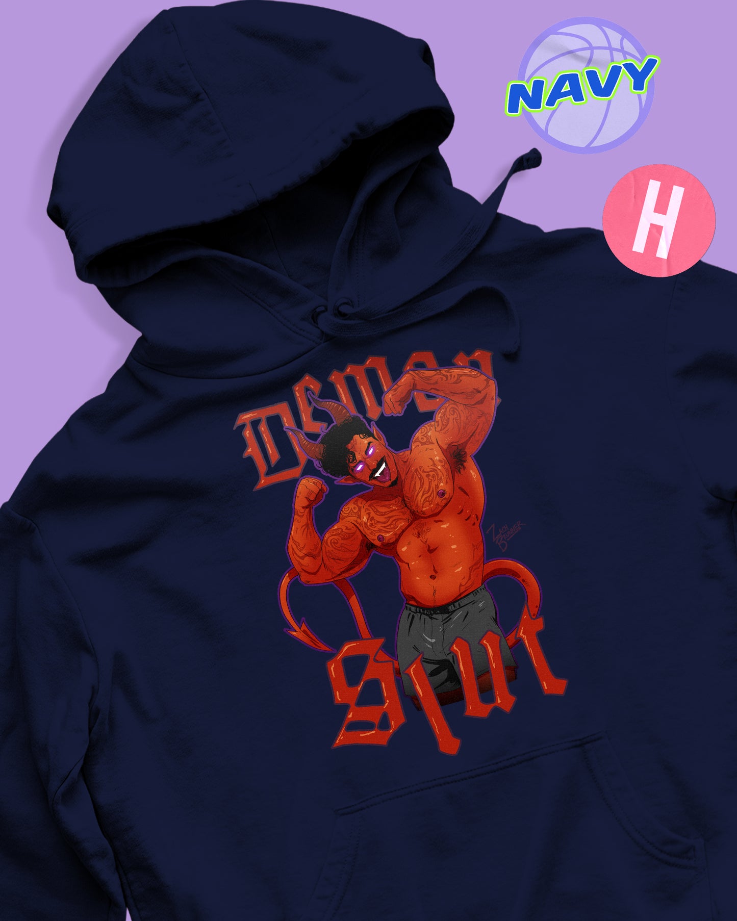 Demon s/ut, flexing tattooed demon hunk soft style hoodie - navy