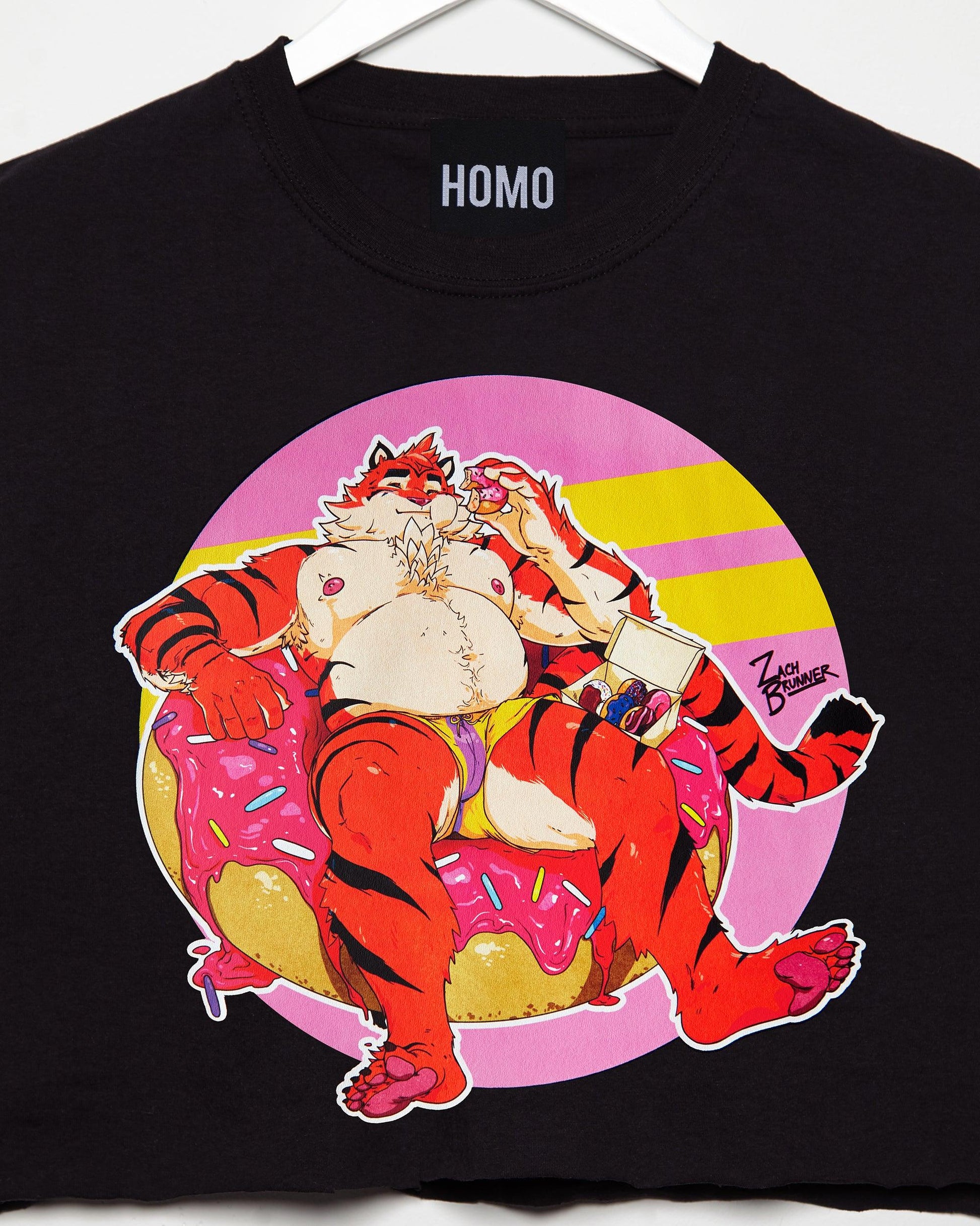 Flint the tiger eats doughnuts on black - mens crop top - HOMOLONDON