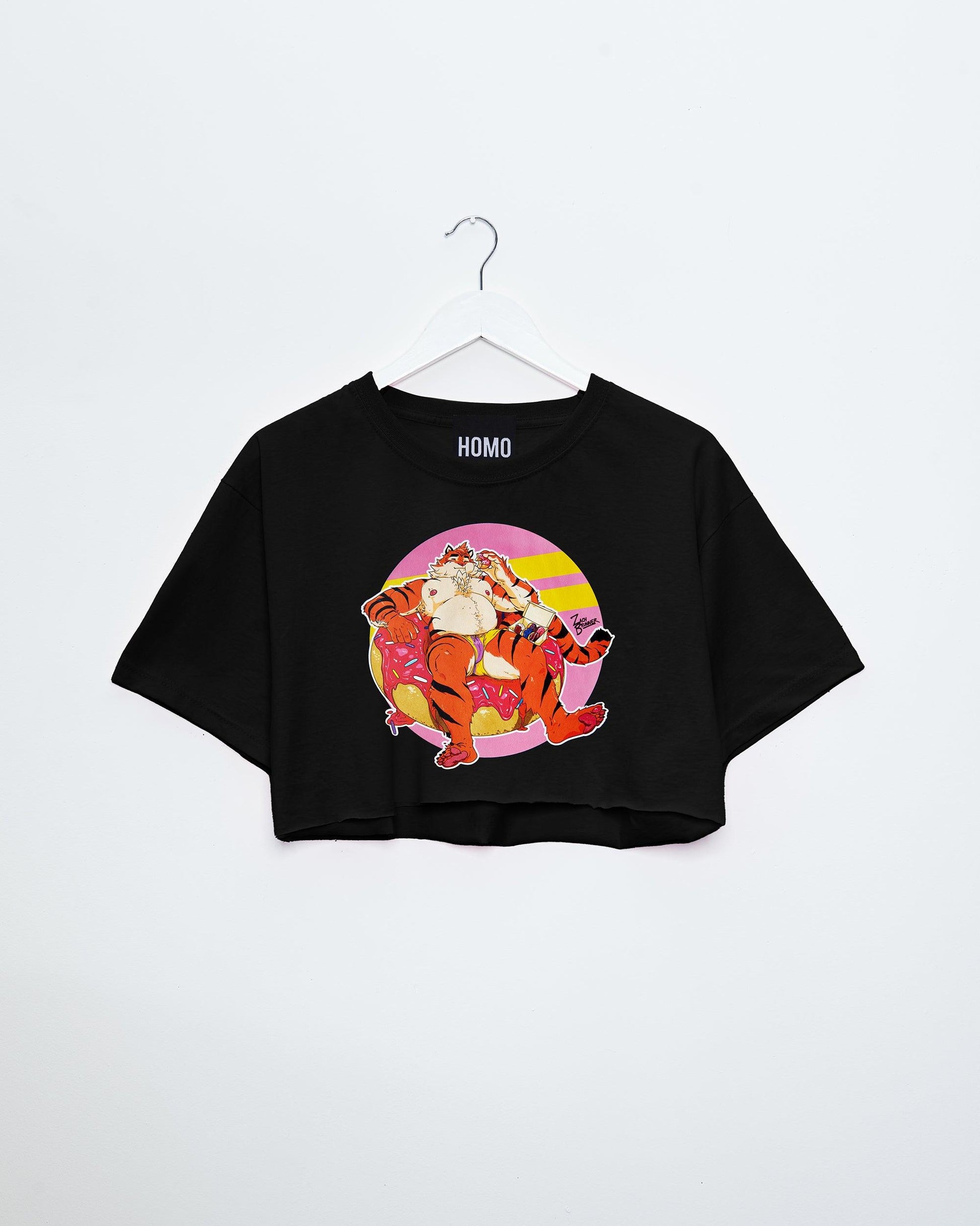 Flint the tiger eats doughnuts on black - mens crop top - HOMOLONDON