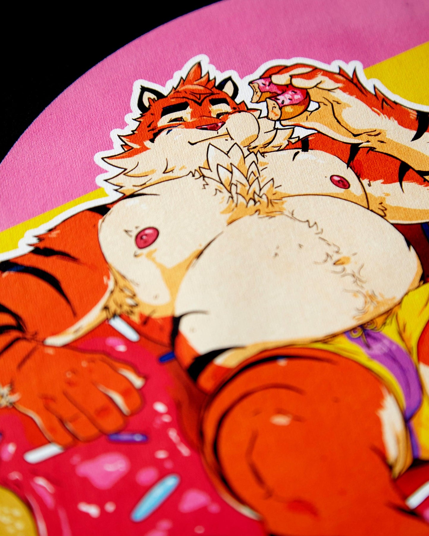 ZACH BRUNNER! Flint the tiger eats doughnuts while sitting on a doughnut! on black - crop top