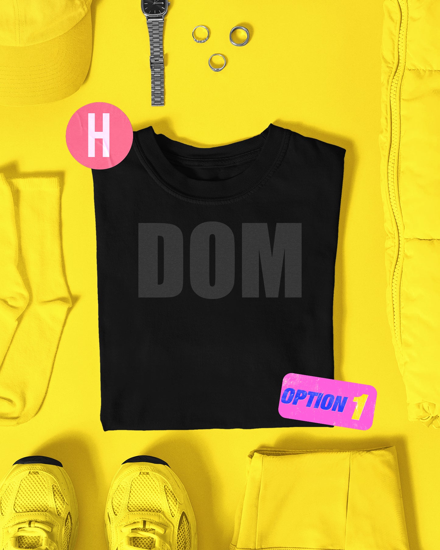 DOM slogan, grey flock on black - tee