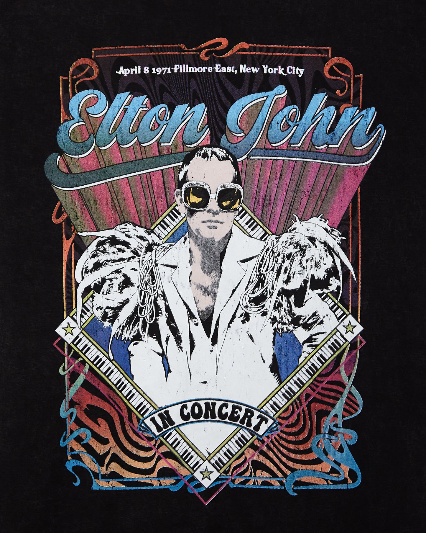 Official Elton John: Psych Vintage, unisex t-shirt - stone washed black