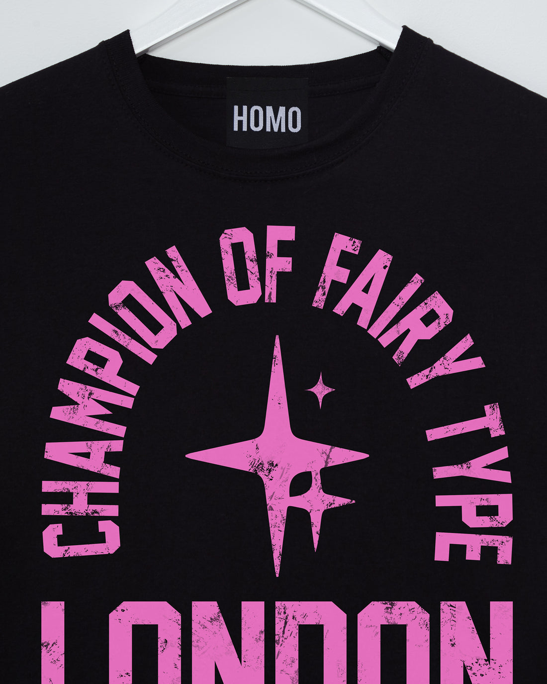 Fairy Champion (London) in pink, low cut cropped tee - black