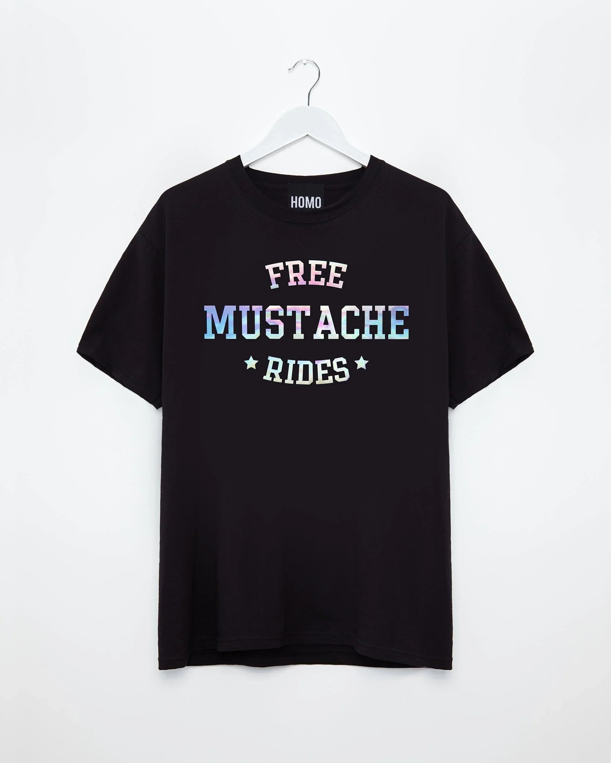 Mustasch Rides Free mustache rides, hologram - mens tshirt – HOMO