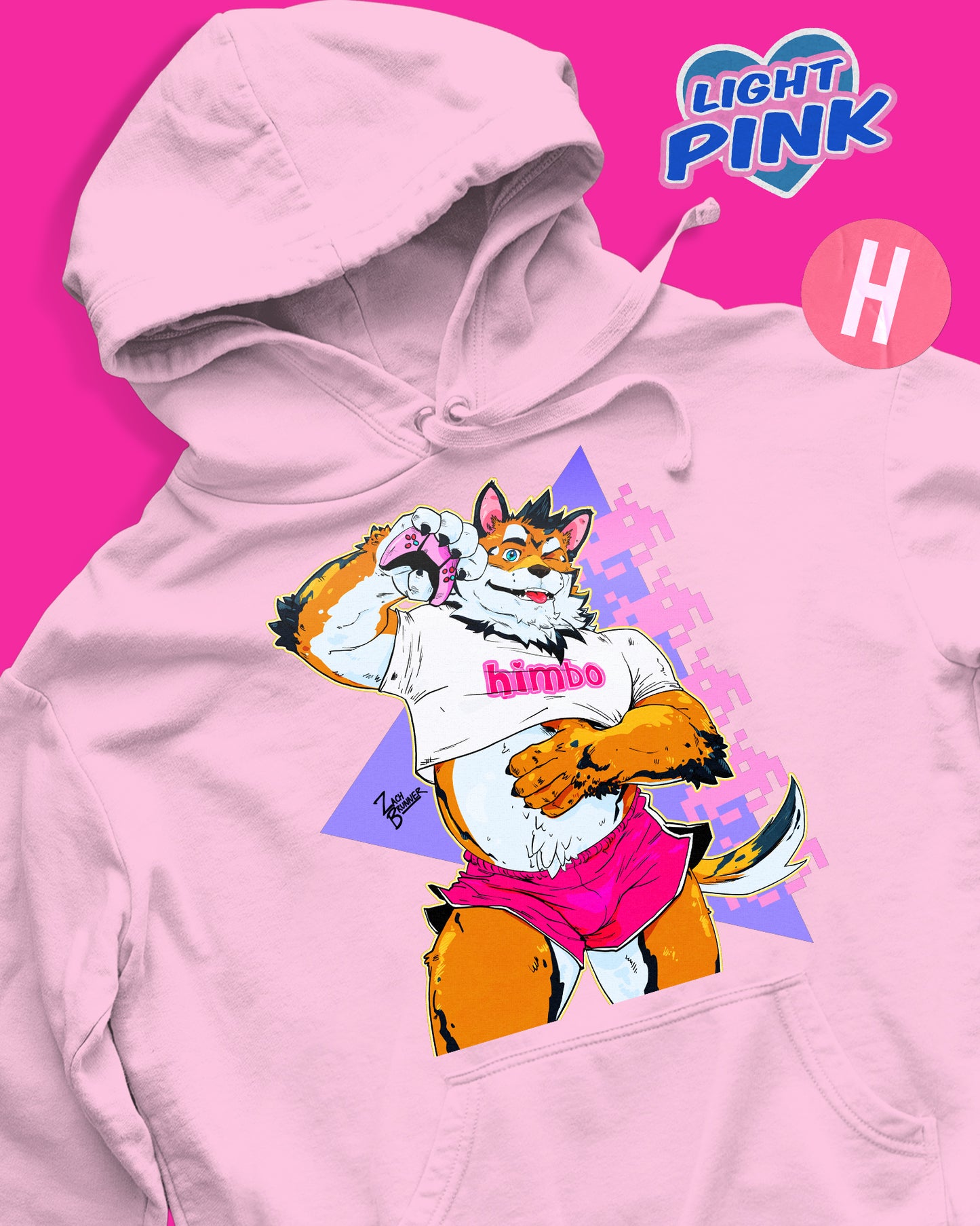 Retro gaming furry pup soft style hoodie - light pink