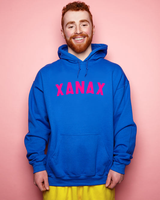 Xanax in fluorescent pink on blue -  pullover hoodie.