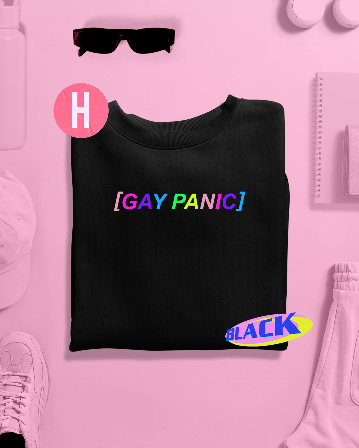 Rainbow colour Gay Panic slogan on soft style sweatshirt in Black