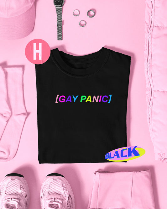 Rainbow colour [GAY PANIC] slogan on black - tee