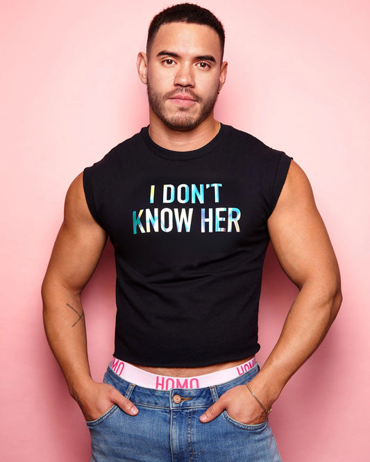 I DONT KNOW HER hologram on black - low cut cropped tee