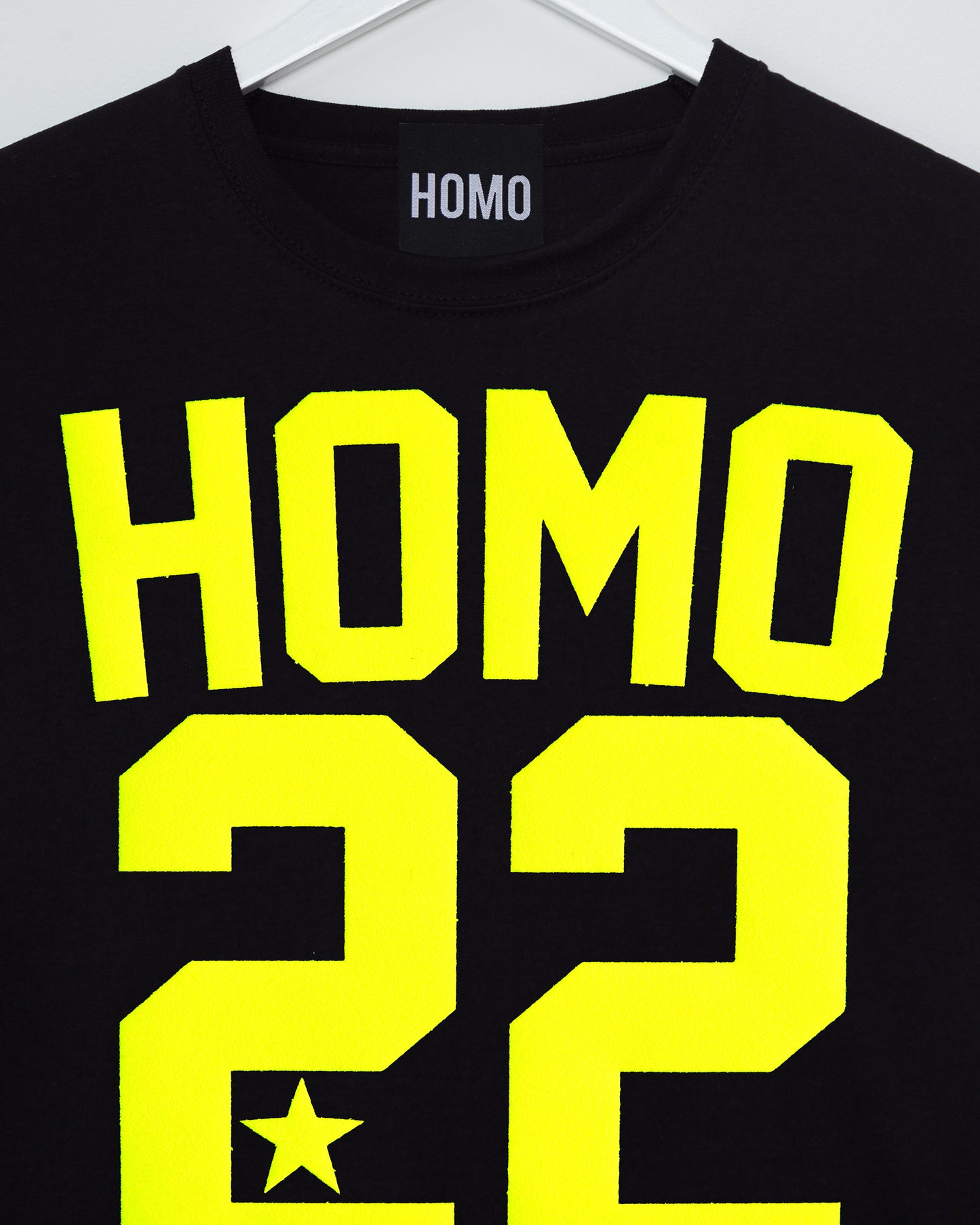Sports jersey HOMO 22 - fluorescent yellow flock on black sleeveless cropped tshirt