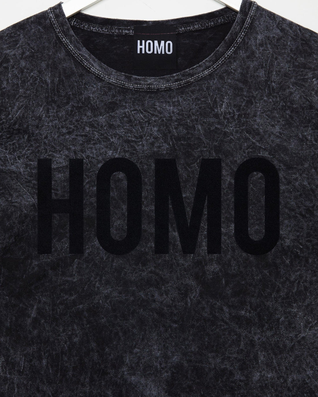 HOMO Logo, black flock on stonewash - low cut crop top