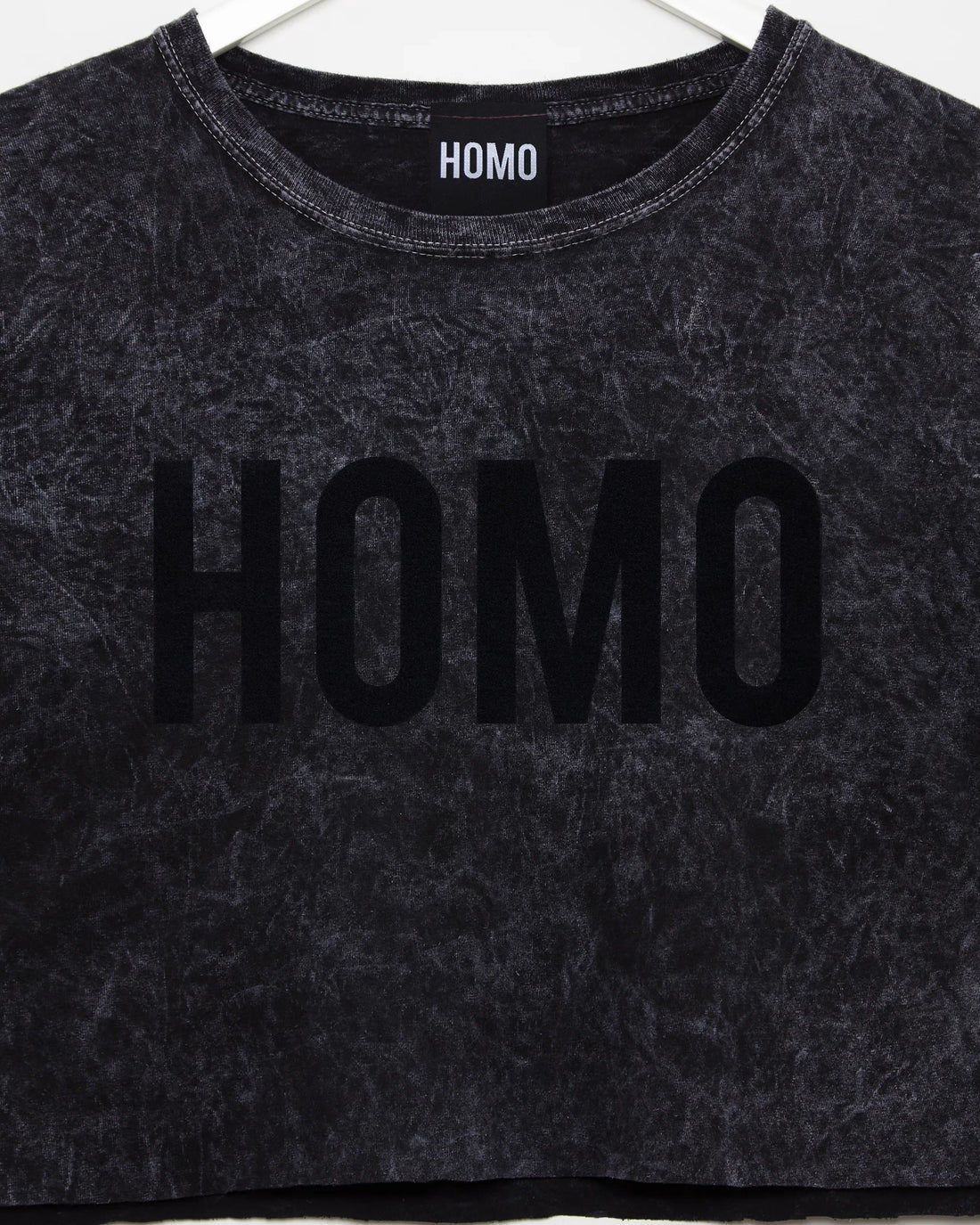 HOMO Logo, black flock on stonewash - sleeveless crop top