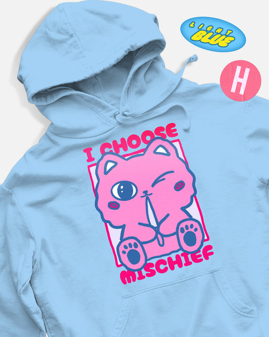 Kitten with daggers I choose mischief soft style hoodie - light blue
