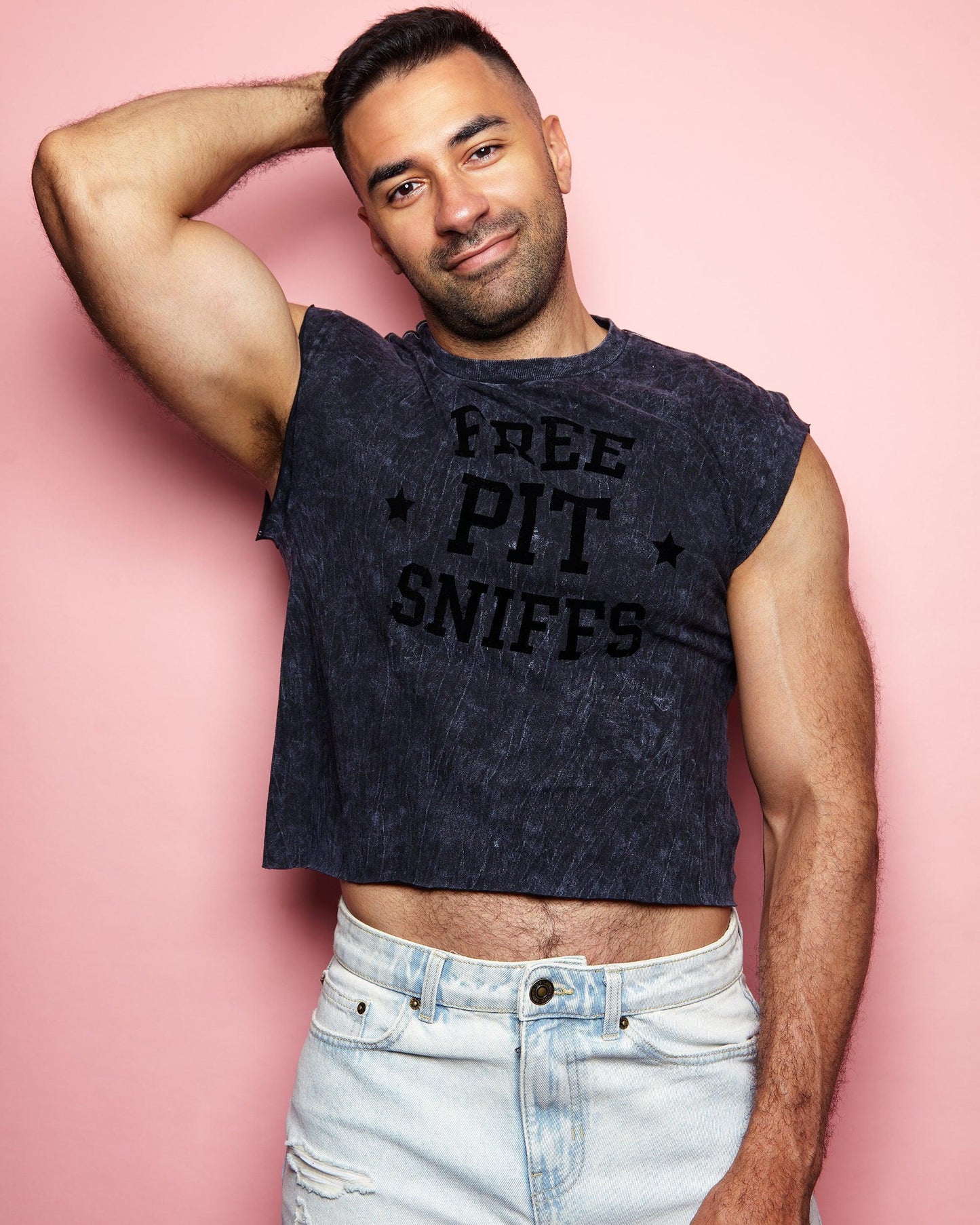 Free pit sniffs - black flock on black stone wash tshirt crop / low cut crop