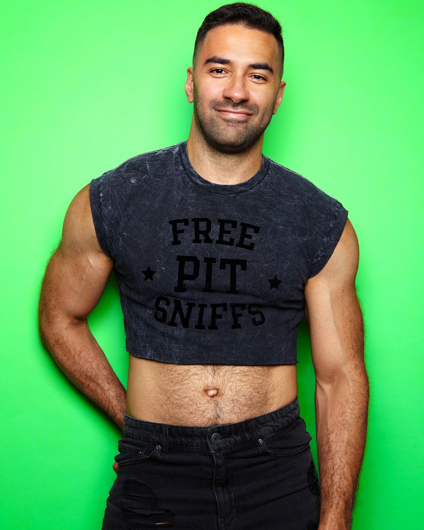 Free pit sniffs - black flock on black stone wash crop top