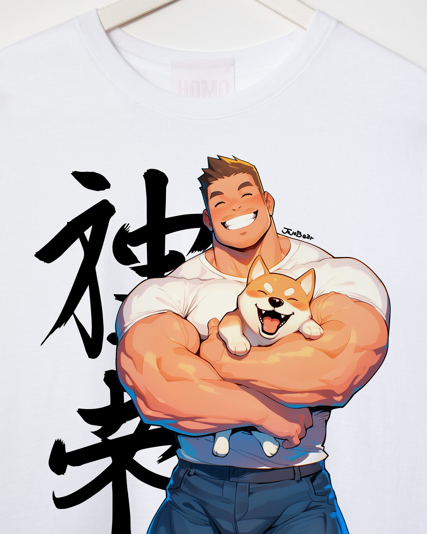 Jojo Bear: Hunky Hank with his Shiba Inu on white - sleeveless low cut crop top