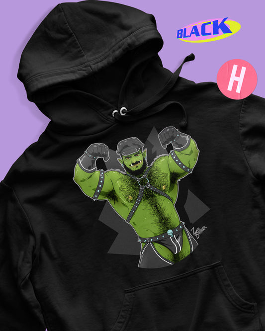 flexing daddy orc wearing leather soft style hoodie - black