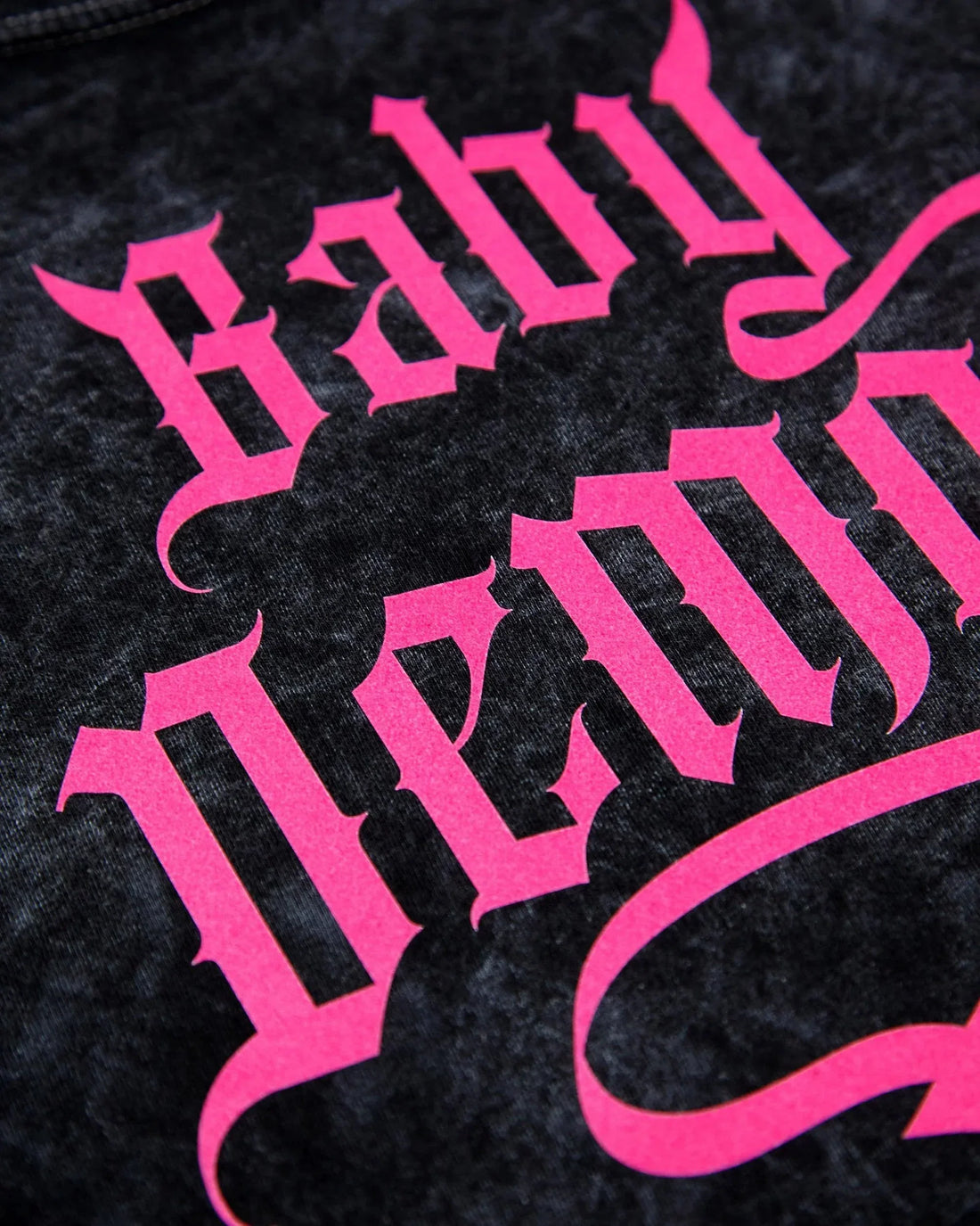 Baby demon - Pink flock on black stone wash crop top