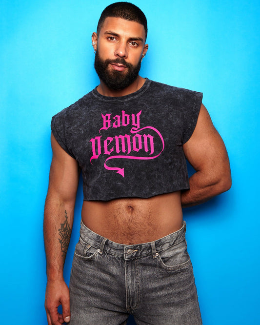 Baby demon - black flock on black stone wash crop top