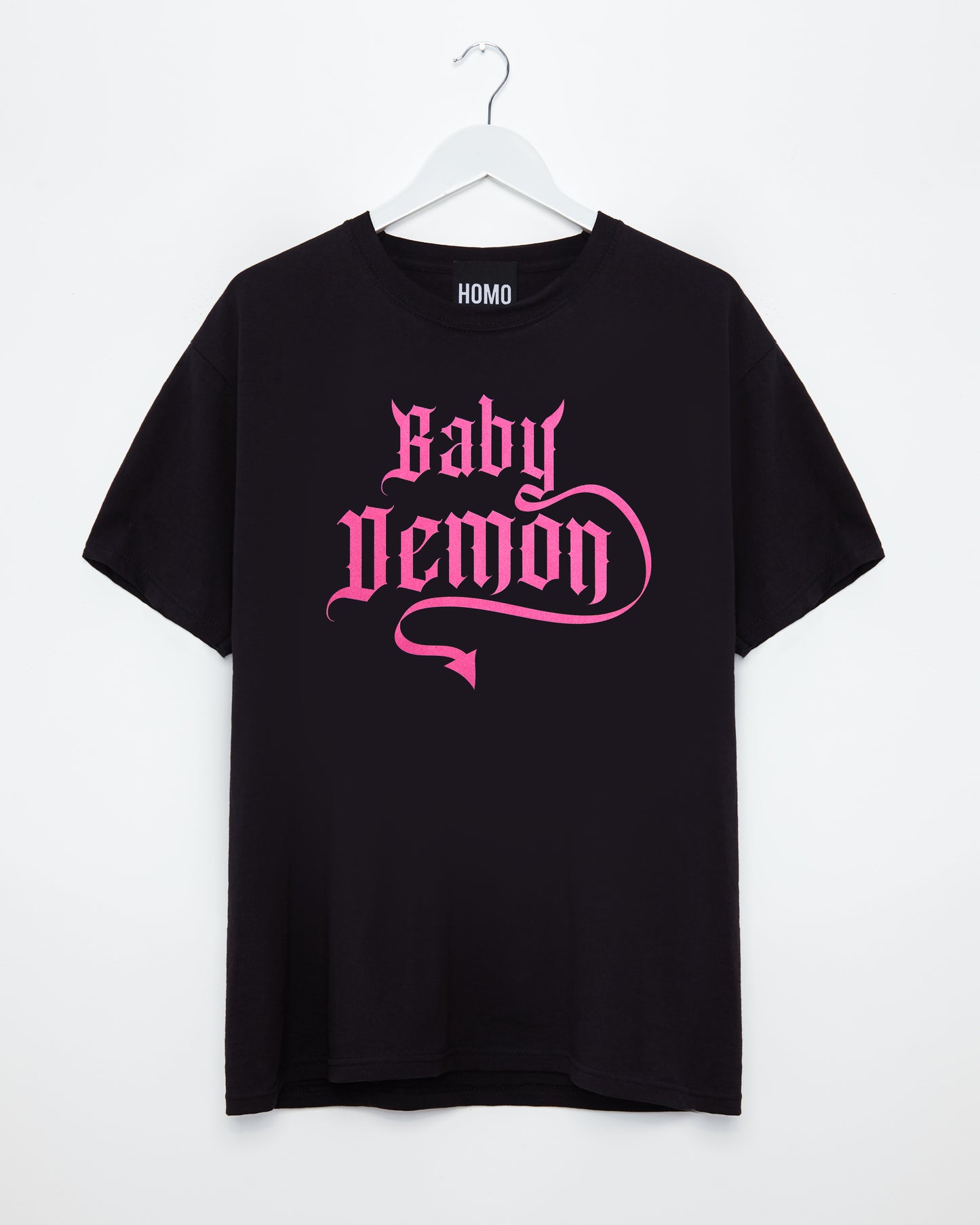 Baby Demon, pink flock on black - tshirt