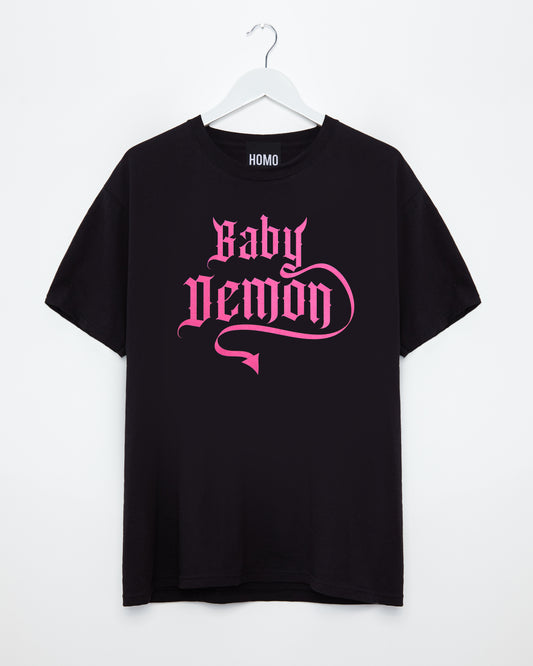 Baby Demon, pink flock on black - tshirt