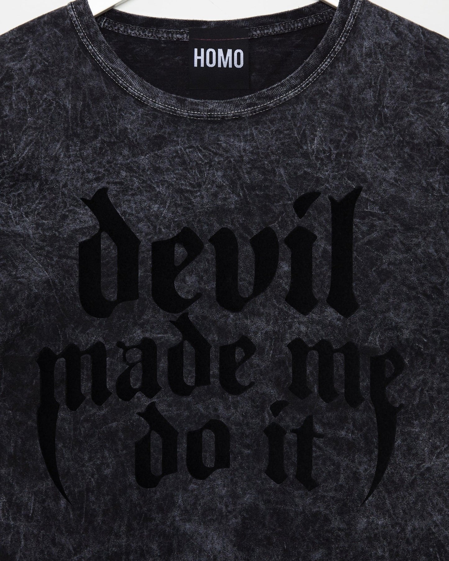 Devil made me do it, black flock on black stone wash tshirt