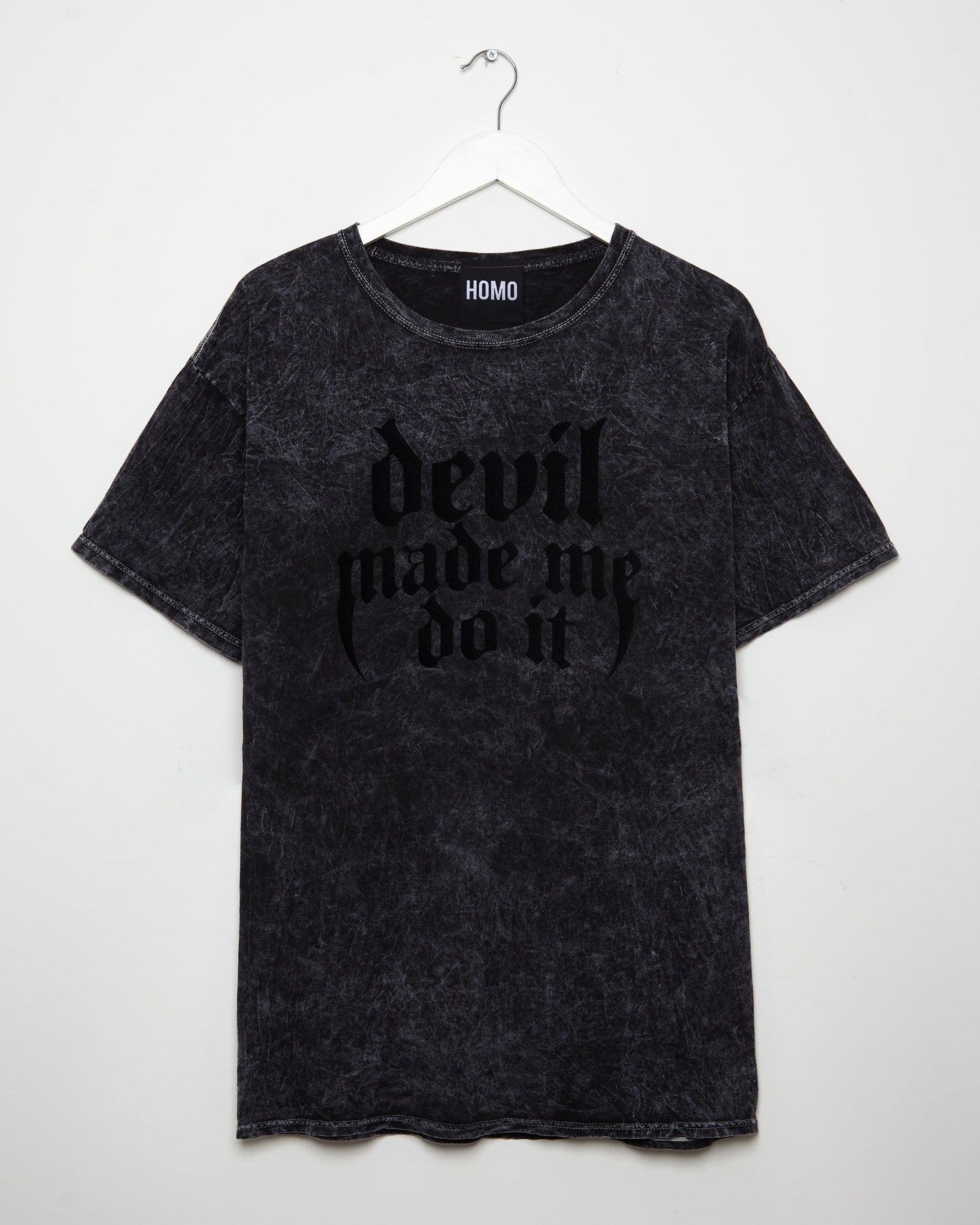 Devil made me do it, black flock on black stone wash tshirt