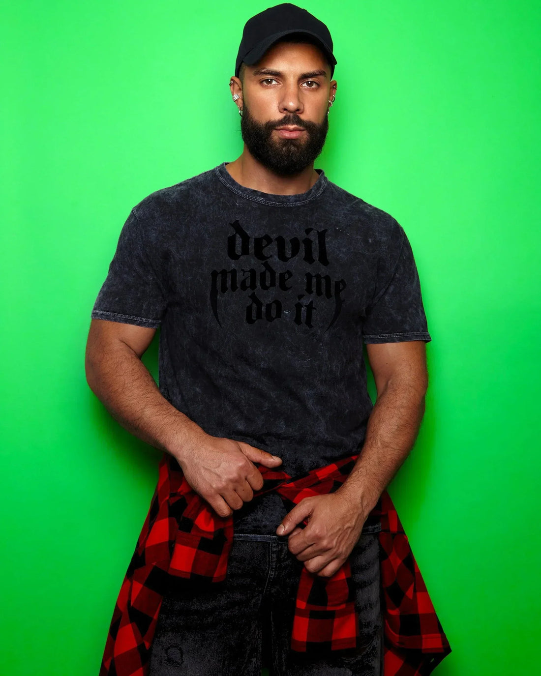 Devil made me do it, black flock on black stone wash tshirt