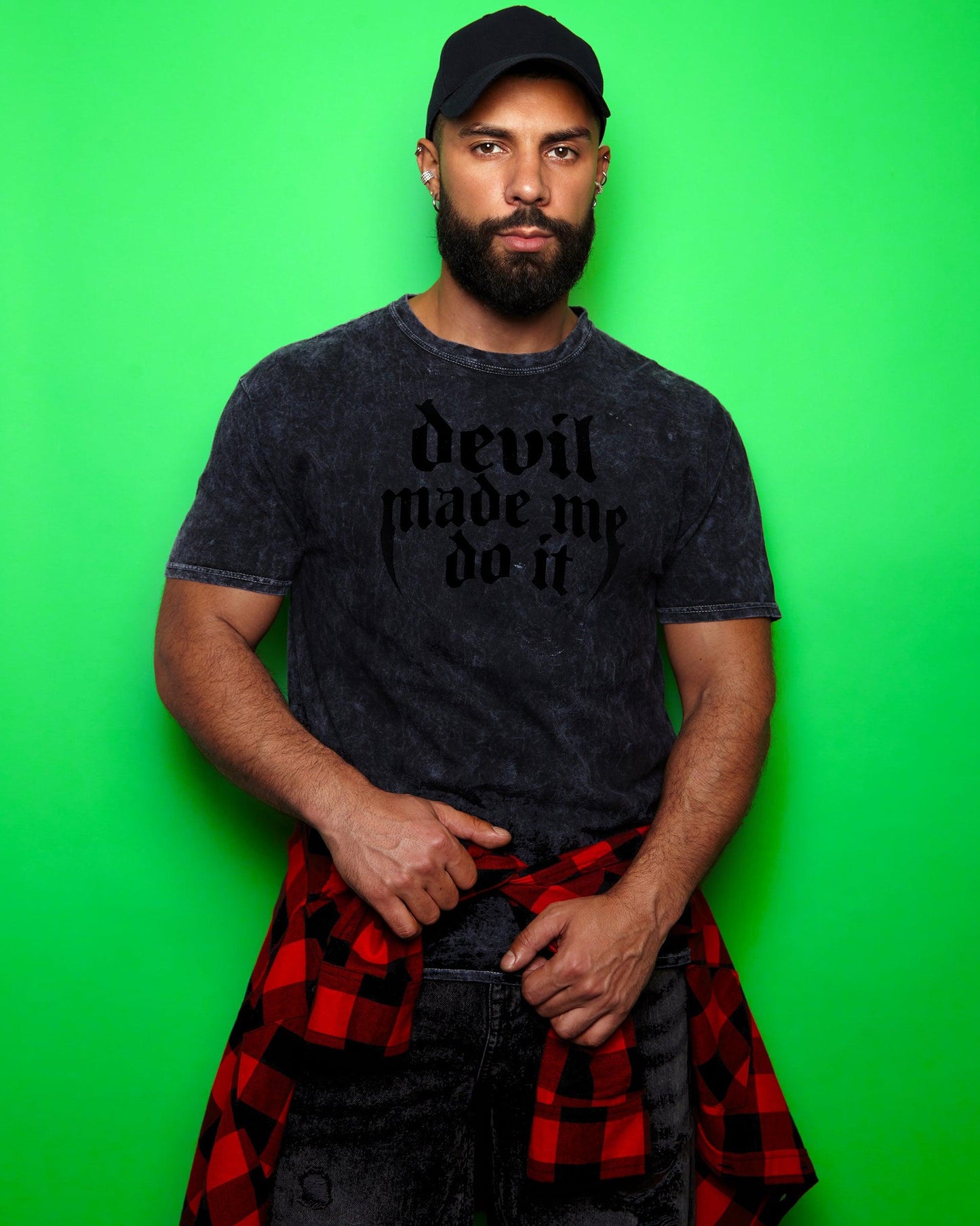 Devil made me do it, black flock on black stone wash tshirt