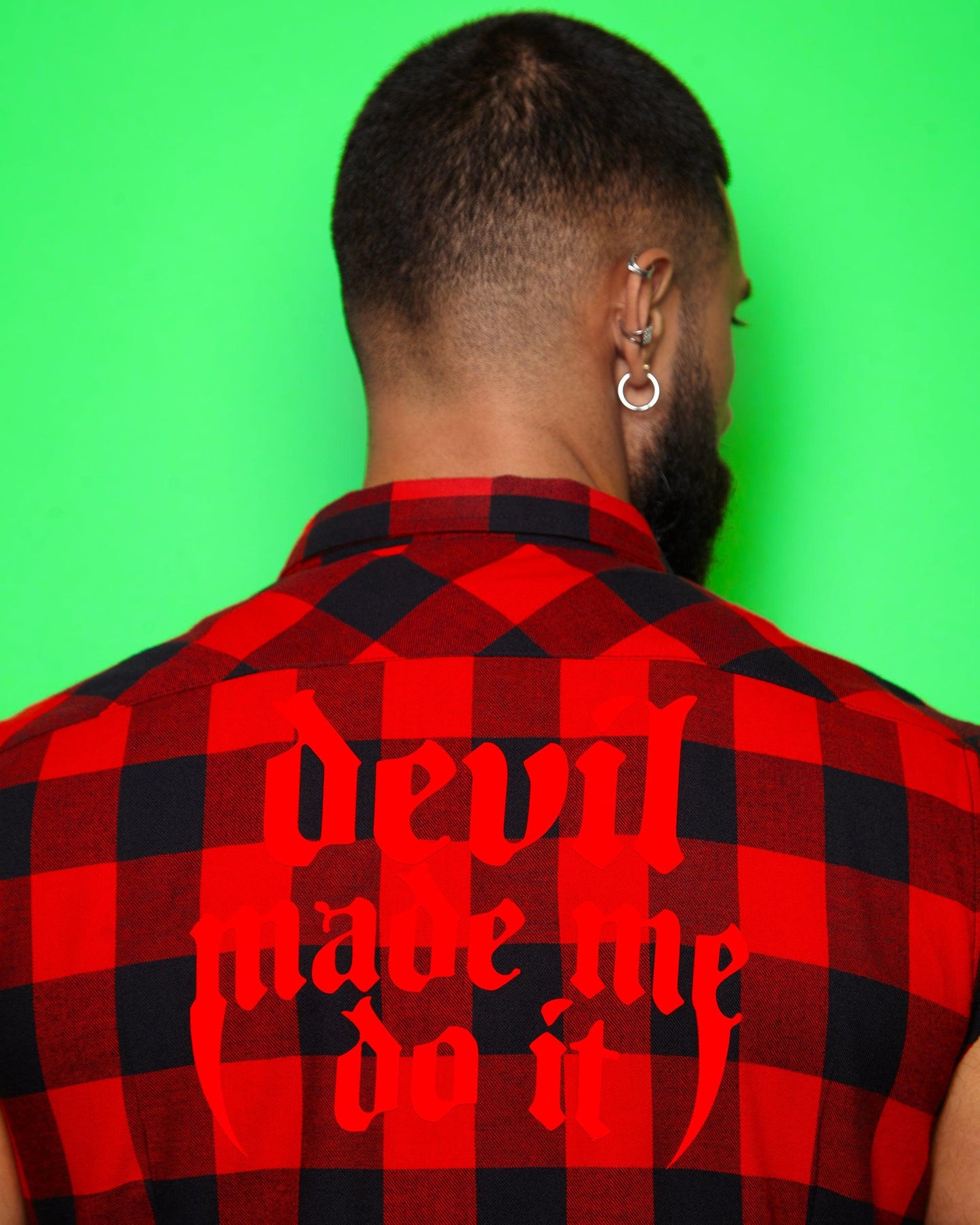 Devil made me do it, red flock on sleeveless checked flannel shirt