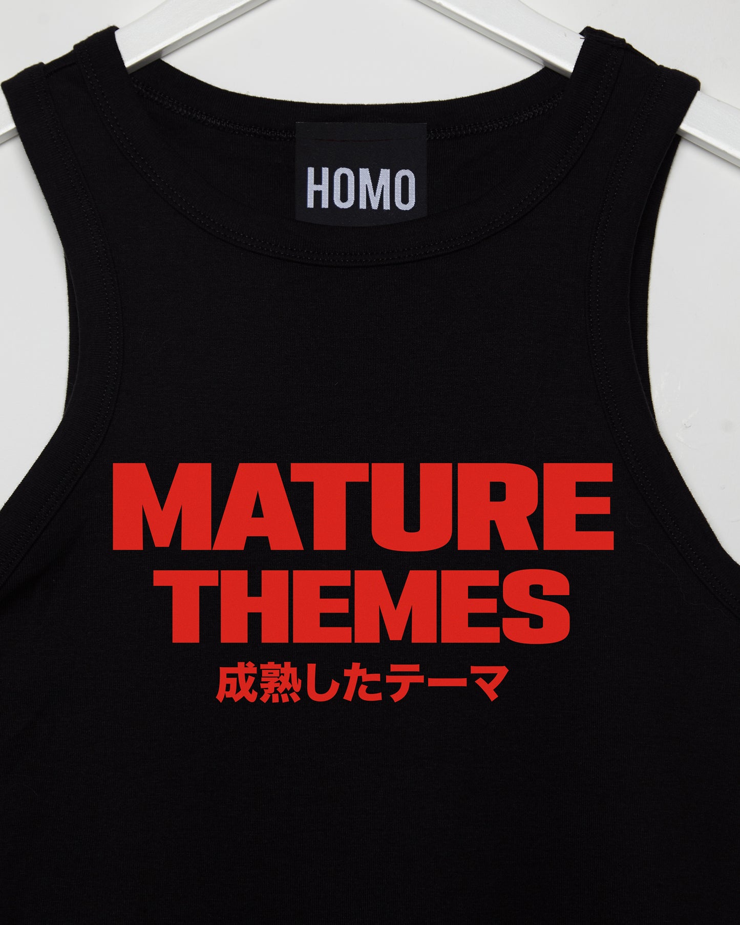 Mature themes, red print on black - low cut tank top crop