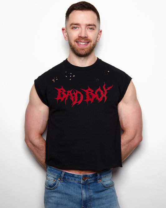 BAD BOY in flock distressed, low cut cropped tee - red/black