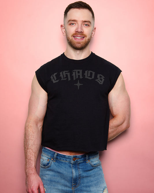 CHAOS in flock, low cut cropped tee - Grey/black