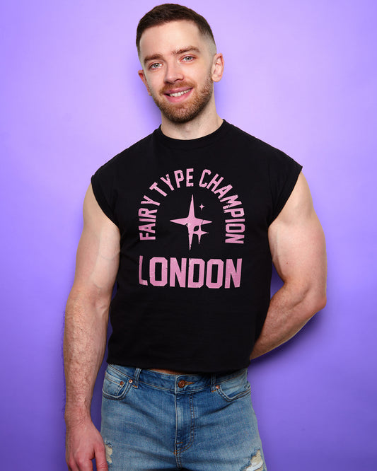 Fairy Champion (London) in pink, low cut cropped tee - black