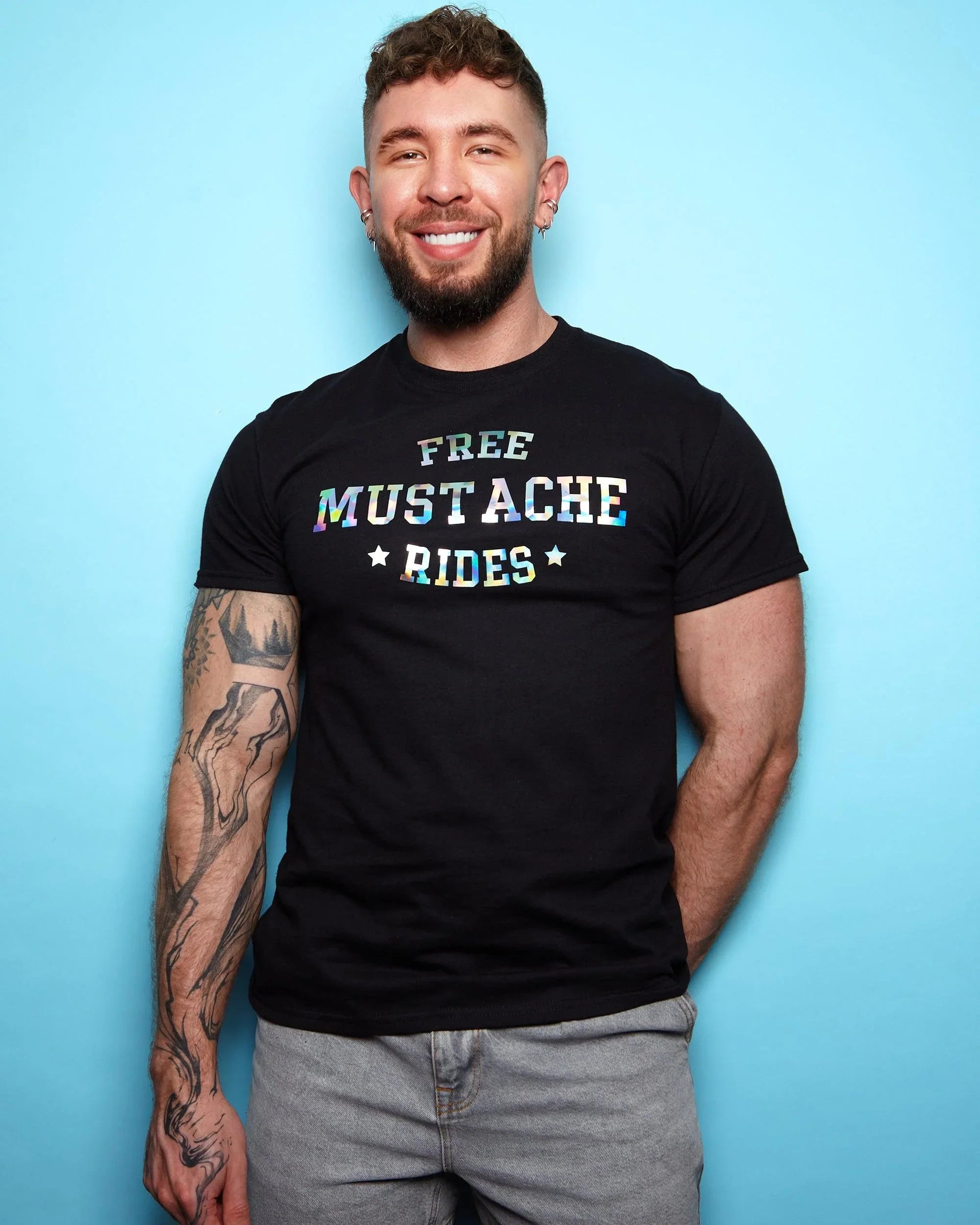 Mustasch Rides Free mustache rides, hologram - mens tshirt – HOMOLONDON