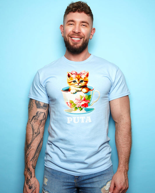 Puta teacup kitten - light blue tshirt - HOMOLONDON