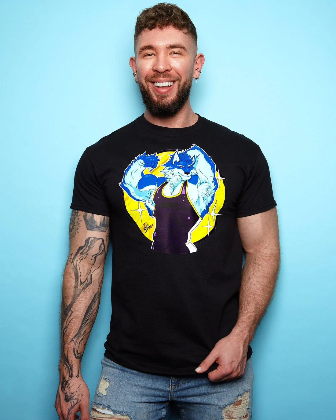 Flexing wolf wrestler Magnus - black tshirt - HOMOLONDON